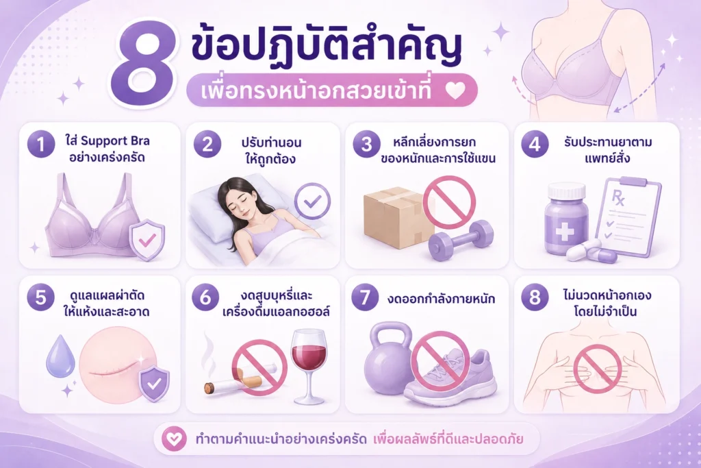 8 ข้อปฏิบัติดูแลตัวเองหลังเสริมหน้าอก ใส่ support bra ท่านอน งดยกของหนัก